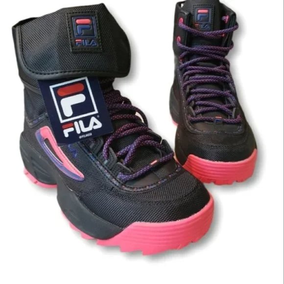Fila Disruptor Ballistic High Top Chunky Sneakers Black Pink Purple Canvas
